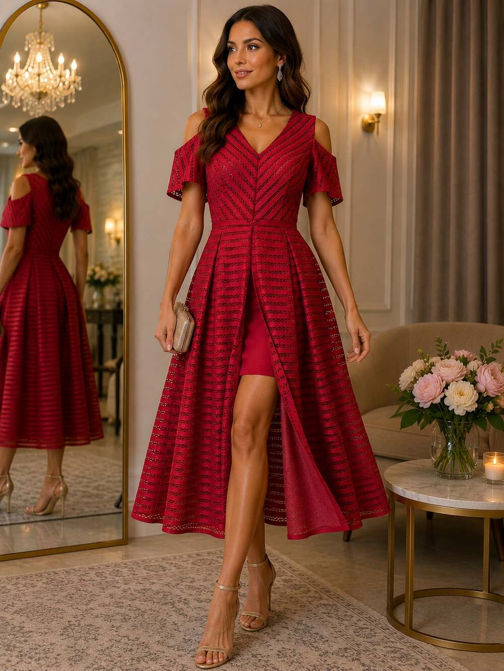 NWOT A-Style Red Cold-Shoulder Midi Dress with Front Slit and Striped Overlay